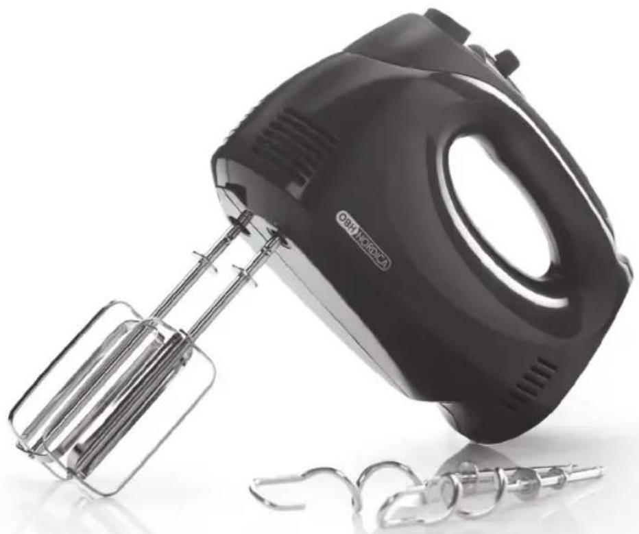 Black hand mixer with metal whisk and chain, no visible text or symbols on the device itself