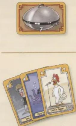 Illustration of a cloche holding a food item, with three cards showing characters and titles including 'Pots' and 'Che's Dog'.
