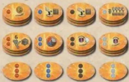 Grid of 12 circular icons with various symbols and numbers, possibly representing UI elements or game controls