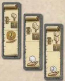 Three identical game cards showing character scenes with numbered annotations, likely for a mobile game or educational app interface.