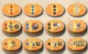 Grid of 12 orange circular icons with various symbols and numbers, possibly representing game or app features.