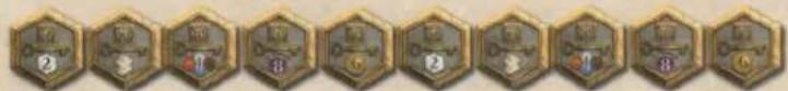 Row of identical hexagonal icons with numbers ② to ⑧, each containing a stylized character or symbol.