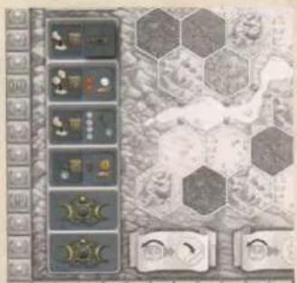 Game interface screenshot showing hexagonal grid layout with player icons and status bar