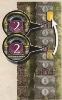 Game interface screenshot showing two circular buttons labeled '2' pointing to numbered game blocks on a path marked with numbers 1-9.