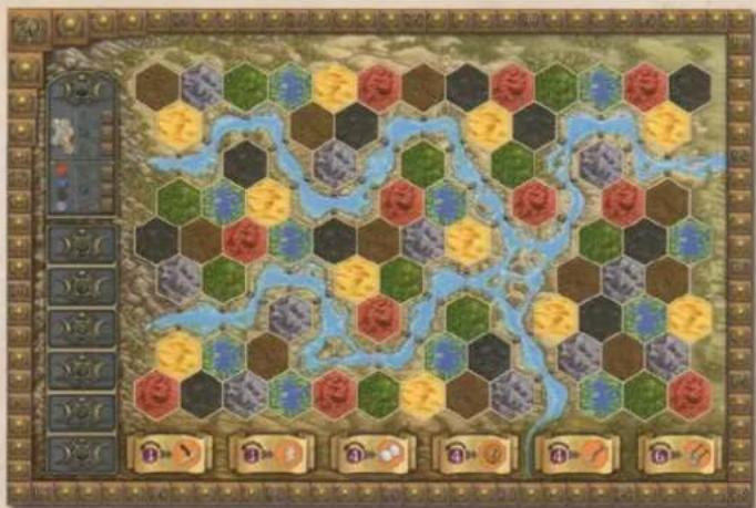 Game map interface with hexagonal tiles, river network, and directional controls labeled A and B