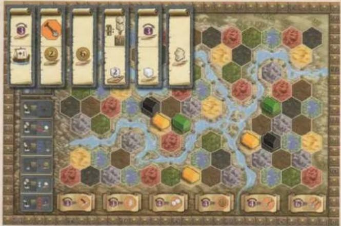 Game board layout with hexagonal tiles, numbered panels, and directional icons for tactical play