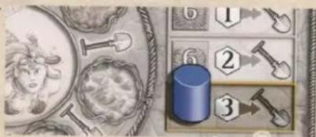 Game interface screenshot showing numbered game blocks and a blue cylinder with three tools