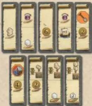 Game interface screenshot showing 8 identical panels with numbered UI elements and icons, likely for a mobile game or puzzle.