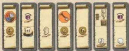 Seven identical illustrated cards with icons and numbers, likely representing a game or educational card set.