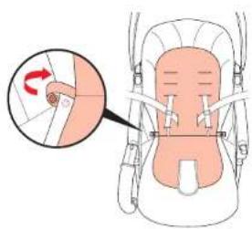 Diagram illustrating a hand operating a seatbelt with a magnified view showing the rotation direction.