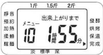 1斤 1.5斤 2斤 静音 預約 加熱 揉麺 醒麺 メニュー 10 1時間55分 淡 標準 深 發酵 烘烤 保溫 完成