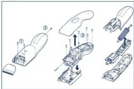 Exploded view diagram of a remote control device with labeled parts and directional arrows indicating assembly steps.