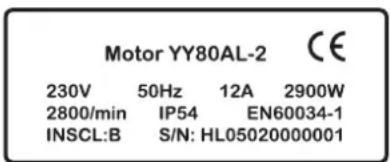 Motor YY80AL-2 230V 50Hz 12A 2900W 2800/min IP54 EN60034-1 INSCL:B S/N: HL05020000001