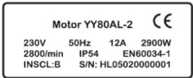 Motor YY80AL-2 230V 50Hz 12A 2900W 2800/min IP54 EN60034-1 INSCL:B S/N: HL05020000001