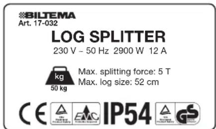 BILTEMA Art. 17-032 LOG SPLITTER 230 V - 50 Hz 2900 W 12 A kg 50 kg Max. splitting force: 5 T Max. log size: 52 cm CE IP54 GS