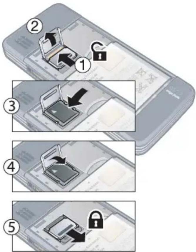 Step-by-step instructions for installing a smartphone lock, showing step 1 to 5 with labeled arrows and lock icons.