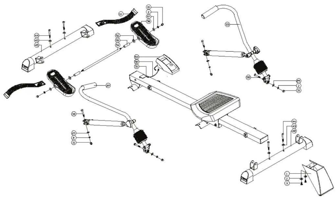 Technical diagram of a mechanical exercise machine with numbered components and labeled parts