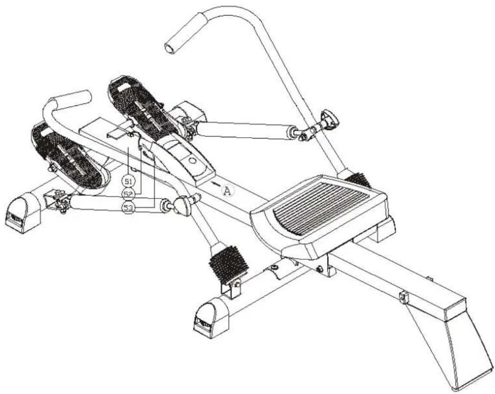 Technical line drawing of a stationary exercise machine with labeled parts and components