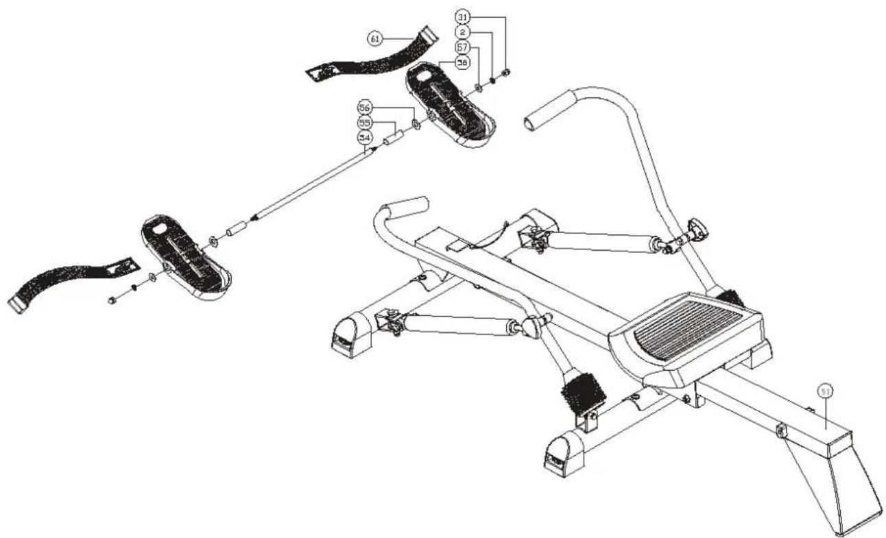 Technical diagram of a stationary exercise machine with labeled parts and exploded view