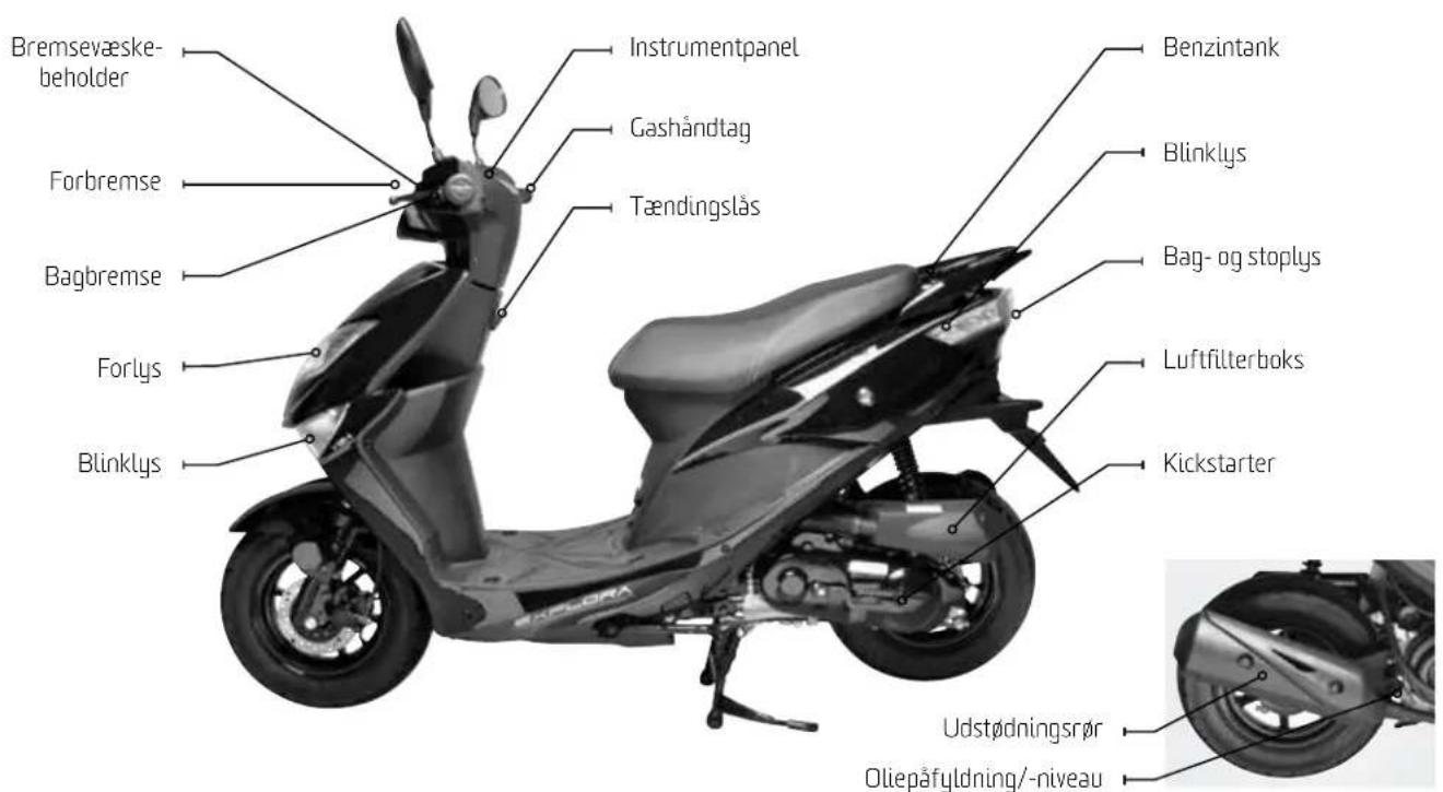 Bremsevæske- beholder Instrumentpanel Gashåndtag Forbremse Tændingslås Benzintank Blinklys Bag- og stoplys Luftfilterboks Kickstarter Blinklys Udstødningsrør Oliepåfyldning/-niveau