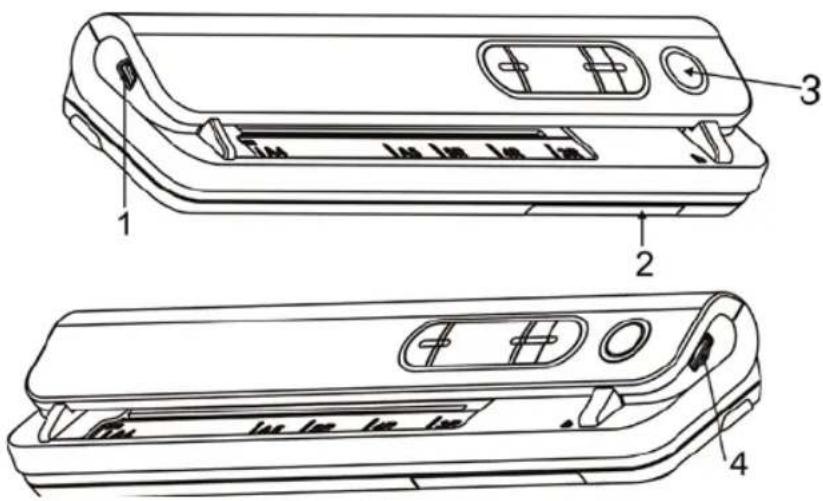 Technical diagram of a remote control device with labeled parts and internal compartments