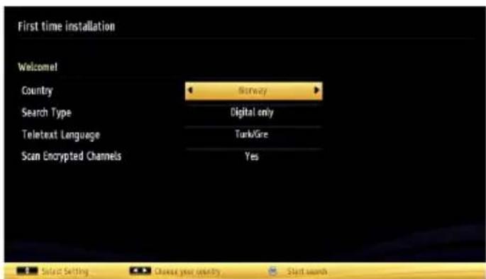 First time installation Welcome! Country Search Type Teletext Language Scan Encrypted Channels ← Country → Digital only Turk/Gre Yes Select Setting... Choose your country Start search