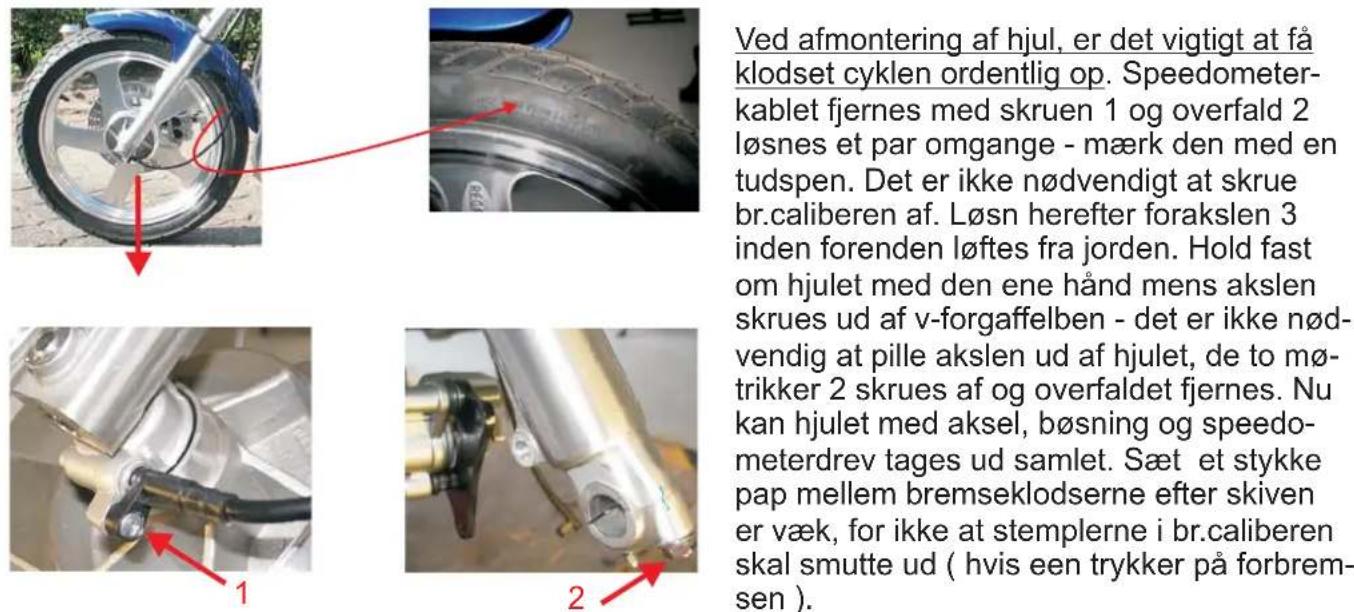 Ved afmontering af hjul, er det vigtigt at få klodset cyklen ordentlig op. Speedometer-kablet fjernes med skruen 1 og overfald 2 løsnes et par omgange - mærk den med en tudspen. Det er ikke nødvendigt at skrue br.caliberen af. Løsn herefter forakslen 3 inden forenden løftes fra jorden. Hold fast om hjulet med den ene hånd mens akslen skrues ud af v-forgaffelben - det er ikke nødvendig at pille akslen ud af hjulet, de to mø-trikker 2 skrues af og overfaldet fjernes. Nu kan hjulet med aksel, bøsning og speedometerdrev tages ud samlet. Sæt et stykke pap mellem bremseklodserne efter skiven er væk, for ikke at stemplerne i br.caliberen skal smutte ud ( hvis een trykker på forbrem-sen ).