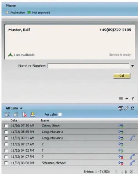 Phone Redirection Not answered Muster, Ralf +49(89)722-2199 I am available Service is ready Name or Number: Call All Calls Per caller Date Name 11/26/07:30 AM Zeiner, Simon 11/23/05:55 PM Lang, Marianna 11/23/09:31 AM Lang, Marianna 11/23/07:37 AM ? 11/22/04:52 PM ? 11/22/04:07 PM ? 11/22/03:58 PM Schuster, Michael Entries: 1 - 7 (250)