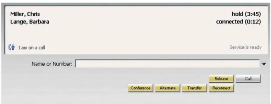 Miller, Chris Lange, Barbara hold (3:45) connected (0:12) I am on a call Service is ready Name or Number: Release Call Conference Alternate Transfer Reconnect