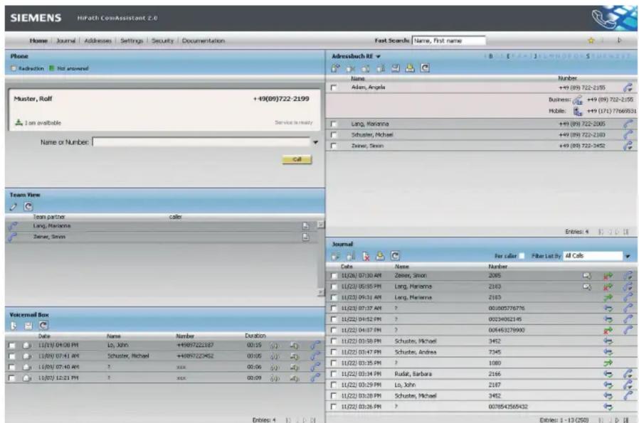 SIEMENS HiPath ConvAssistant 2.0 Home | Journal | Addresses | Settings | Security | Documentation First Scands | Name, First name Phone Redirection | Not answered Muster, Rolf +49(09)722-2199 1 on available Service is ready Name or Number: Call Team View Team partner caller Lang, Marianna Zener, Simon Vokemail Box Date | Name | Number | Duration 11/21/01:00 PM | Lo, John | +4897222187 | 00:15 | 00:15 | 11/01/07:41 AM | Schuster, Michael | +4897223452 | 00:06 | 00:06 | 11/01/07:40 AM | ? | xxx | 00:06 | 00:06 | 11/01/12:21 PM | ? | xxx | 00:09 | 00:09 | Addressbuch RE Name Adam, Angela Number +49 (09) 722-2195 Business: +49 (09) 722-2195 Mobile: +49 (17):77669531 Lang, Marianna Schuster, Michael Zener, Simon +49 (09) 722-2005 Schuster, Michael Zener, Simon +49 (09) 722-2103 +49 (09) 722-2452 Entries: 4 | D | U | Journal For caller Filter List by All Cells Date | Name | Number 11/26/07:30 AM | Zener, Simon | 2085 11/23/05:15 PM | Lang, Marianna | 2163 11/23/05:31 AM | Lang, Marianna | 2163 11/23/07:37 AM | ? | 001805776776 11/22/04:52 PM | ? | 002340622146 11/22/04:57 PM | ? | 005453278900 11/22/03:50 PM | Schuster, Michael | 3452 11/22/03:47 PM | Schuster, Andrea | 7345 11/22/03:35 PM | ? | 1080 11/22/03:34 PM | Russel, Barbara | 2166 11/22/03:29 PM | Lo, John | 2187 11/22/03:38 PM | Schuster, Michael | 3452 11/22/03:36 PM | ? | 0078543565432 Entries: 1 - 13 (250)
