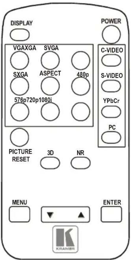 DISPLAY POWER VGAXGA SVGA C-VIDEO SXGA ASPECT 480p S-VIDEO 576p720p1080i YPbCr PC PICTURE RESET 3D NR MENU ENTER KRAMER