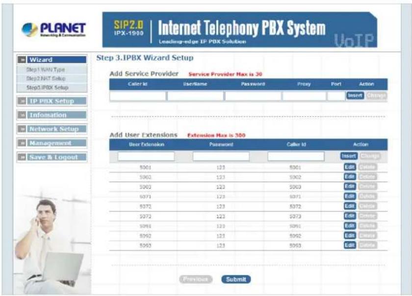 PLANET Internet Telephony PBX System SIP2.0 IPX-1990 Leading-edge IP PDX Solution VoTP Wizard Step1 WAN Type Step2 NAT Setup Step3 IPBX Setup IP PDX Setup Information Network Setup Management Save & Logout Step 3.1PBX Wizard Setup Add Service Provider Service Provider Max is 30 Caller Id Username Password Proxy Port Action Insert Change Add User Extensions Extension Max is 300 User Extension Password Caller Id Action Insert Change 001 123001 Edit Delete 002 123002 Edit Delete 003 123003 Edit Delete 071 123071 Edit Delete 072 123072 Edit Delete 073 123073 Edit Delete 091 123091 Edit Delete 092 123092 Edit Delete 093 123093 Edit Delete Previous Submit