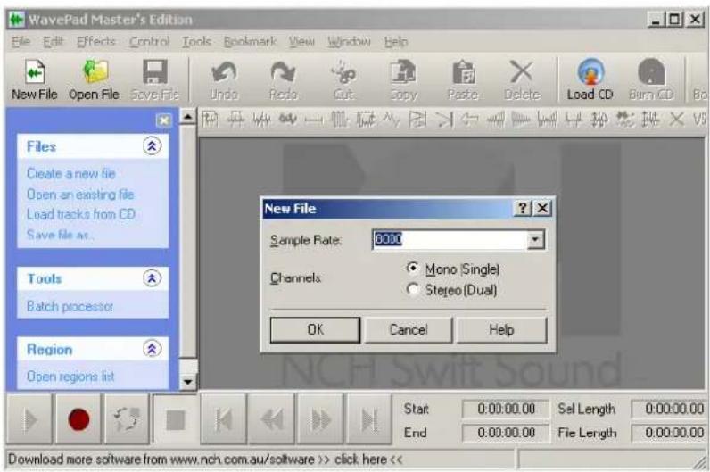 WavePad Master's Edition File Edit Effects Control Tools Bookmark View Window Help New File Open File Save File Undo Redo Cut Copy Paste Delete Load CD Burn CD Bo Files Create a new file Open an existing file Load tracks from CD Save file as... Tools Batch processor Region Open regions list New File Sample Rate: 8000 Channels: Mono (Single) Stegeo (Dual) OK Cancel Help Start 0.00.00.00 Sel Length 0.00.00.00 End 0.00.00.00 File Length 0.00.00.00 Download more software from www.nch.com.au/software >> click here <<