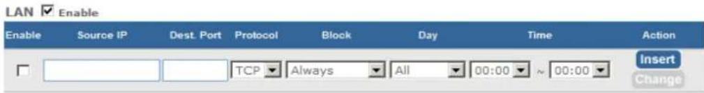 LAN ☑ Enable Enable Source IP Dest. Port Protocol Block Day Time Action Insert Change