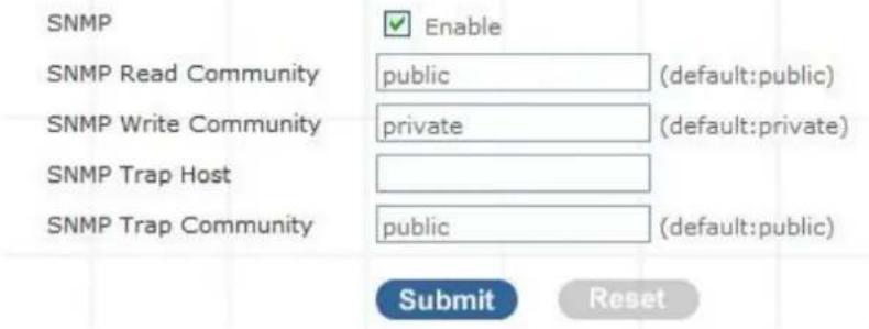 SNMP Enable SNMP Read Community public (default:public) SNMP Write Community private (default:private) SNMP Trap Host SNMP Trap Community public (default:public) Submit Reset