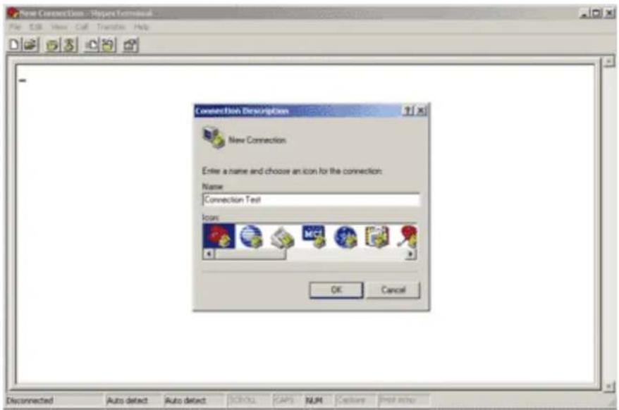 New Connection Enter a name and choose an icon for the connection: Name: Connection Test Icons OK Cancel Disconnected Auto detect Auto detect SCHOOL CAPS NUM Capture Print info