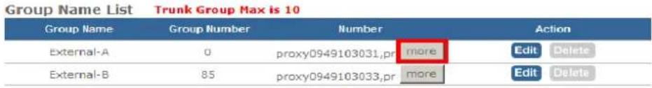 Group Name Trunk Group Max is 10 Group Name Group Number Number Action External-A 0 proxy0949103031,pr more Edit Delete External-B 85 proxy0949103033,pr more Edit Delete