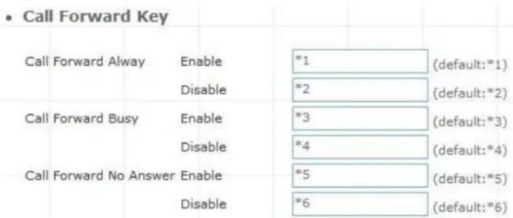 Call Forward Key Call Forward Alway Enable *1 (default:*1) Disable *2 (default:*2) Call Forward Busy Enable *3 (default:*3) Disable *4 (default:*4) Call Forward No Answer Enable *5 (default:*5) Disable *6 (default:*6)