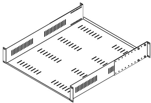 Isometric line drawing of a rectangular metal rack with ventilation grilles and mounting holes (no text or symbols)