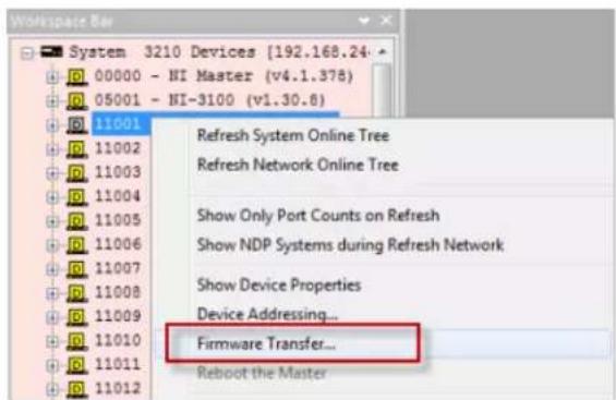 Workspace Bar System 3210 Devices (192.168.24. 00000 - HI Master (v4.1.378) 05001 - HI-3100 (v1.30.8) 11001 Refresh System Online Tree Refresh Network Online Tree Show Only Port Counts on Refresh Show NDP Systems during Refresh Network Show Device Properties Device Addressing... Firmware Transfer... Reboot the Master