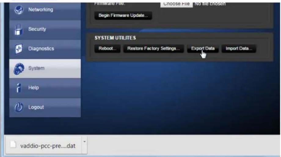 Networking Security Diagnostics System Help Logout vaddio-pcc-pre....dat Firmware File. Choose File No file chosen Begin Firmware Update... SYSTEM UTILITES Reboot... Restore Factory Settings... Export Data Import Data...