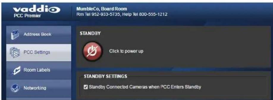 vaddio PCC Premier MumbleCo, Board Room Rm Tel 952-933-5735, Help Tel 800-555-1212 Address Book PCC Settings Room Labels Networking STANDBY Click to power up STANDBY SETTINGS Standby Connected Cameras when PCC Enters Standby