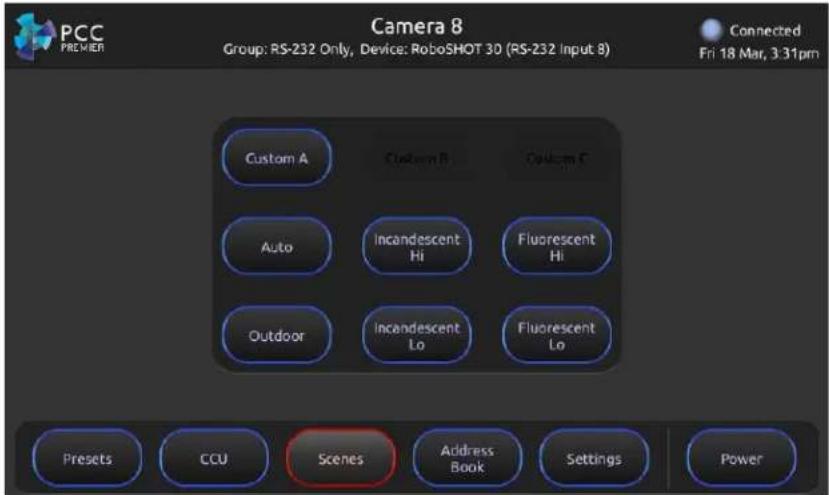 Camera 8 Group: RS-232 Only, Device: RoboSHOT 3D (RS-232 Input 8) Connected Fri 18 Mar, 3:31pm Custom A Custom B Custom C Auto Incandescent Hi Fluorescent Hi Outdoor Incandescent Lo Fluorescent Lo Presets CCU Scenes Address Book Settings Power