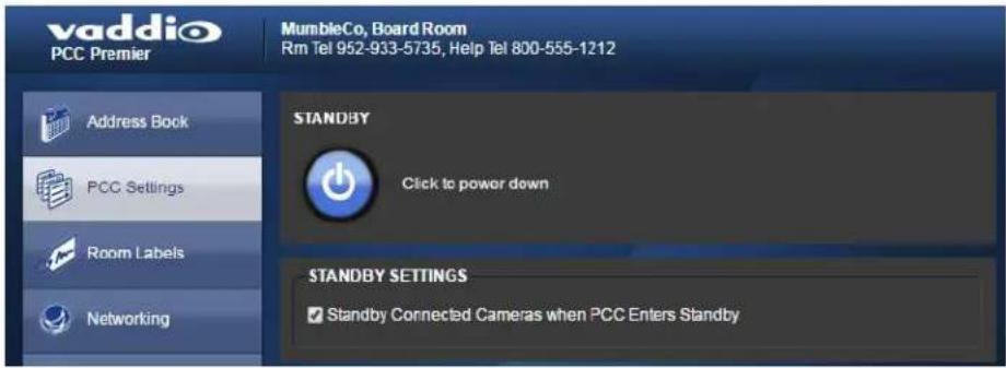 vaddio PCC Premier MumbleCo, Board Room Rm Tel 952-933-5735, Help Tel 800-555-1212 Address Book PCC Settings Room Labels Networking STANDBY Click to power down STANDBY SETTINGS Standby Connected Cameras when PCC Enters Standby