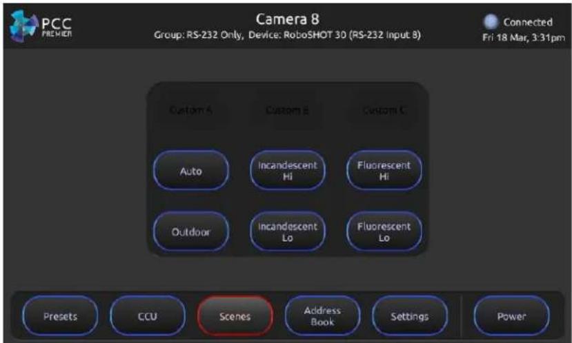 PCC PREMIER Camera 8 Group: RS-232 Only, Device: RoboSHOT 30 (RS-232 Input 8) Connected Fri 18 Mar, 3:31pm Custom A Custom B Custom C Auto Incandescent Hi Fluorescent Hi Outdoor Incandescent Lo Fluorescent Lo Presets CCU Scenes Address Book Settings Power