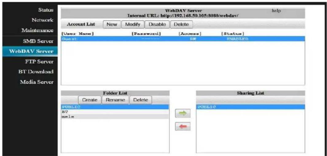 Status Network Maintenance SMB Server WebDAV Server FTP Server BT Download Media Server WebDAV Server Internal URL: http://192.168.50.105:8080/webdav/ help Account List New Modify Disable Delete [User Name] [Password] [Access] [Status] Guest ENBLED Folder List Sharing List Create Rename Delete PUBLI…
