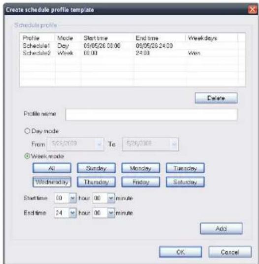 Create schedule profile template Schedule profiles Profile Mode Start time End time Weekdays Schedule1 Day 09/05/26 00:00 09/05/26 24:00 Schedule2 Week 00:00 24:00 Wen Delete Profile name Day mode From 5/28/2009 To 5/28/2008 Week mode All Sunday Monday Tuesday Wednesday Thursday Friday Saturday Star…