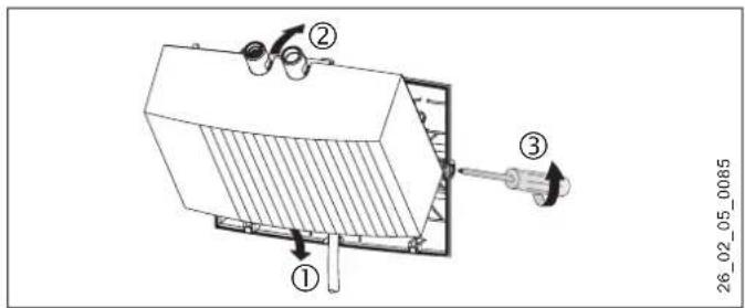 Technical diagram of a mechanical device with numbered components and a scale indicator