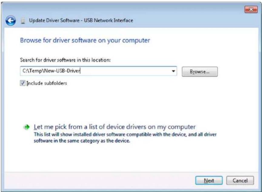 Update Driver Software - USB Network Interface Browse for driver software on your computer Search for driver software in this location: C:\Temp\New-USB-Driver\ Include subfolders Let me pick from a list of device drivers on my computer This list will show installed driver software compatible with the device, and all driver software in the same category as the device. Next Cancel