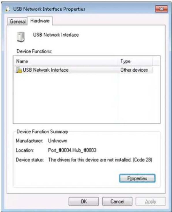 USB Network Interface Properties General Hardware USB Network Interface Device Functions: Name Type USB Network Interface Other devices Device Function Summary Manufacturer: Unknown Location: Port_#0004.Hub_#0003 Device status: The drivers for this device are not installed. (Code 28) Properties OK Cancel Apply